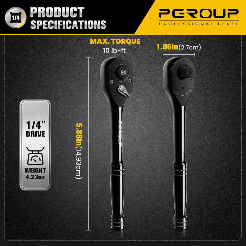 pgroup 1/4-Inch Drive Ratchet Wrench, 90 Tooth Reversible Ratchet, 4-Degree Swing, Ergonomic Handle, Chrome Alloy Made, Quick Release Ratchet Wrench for Repairing, Home, DIY - Image 2